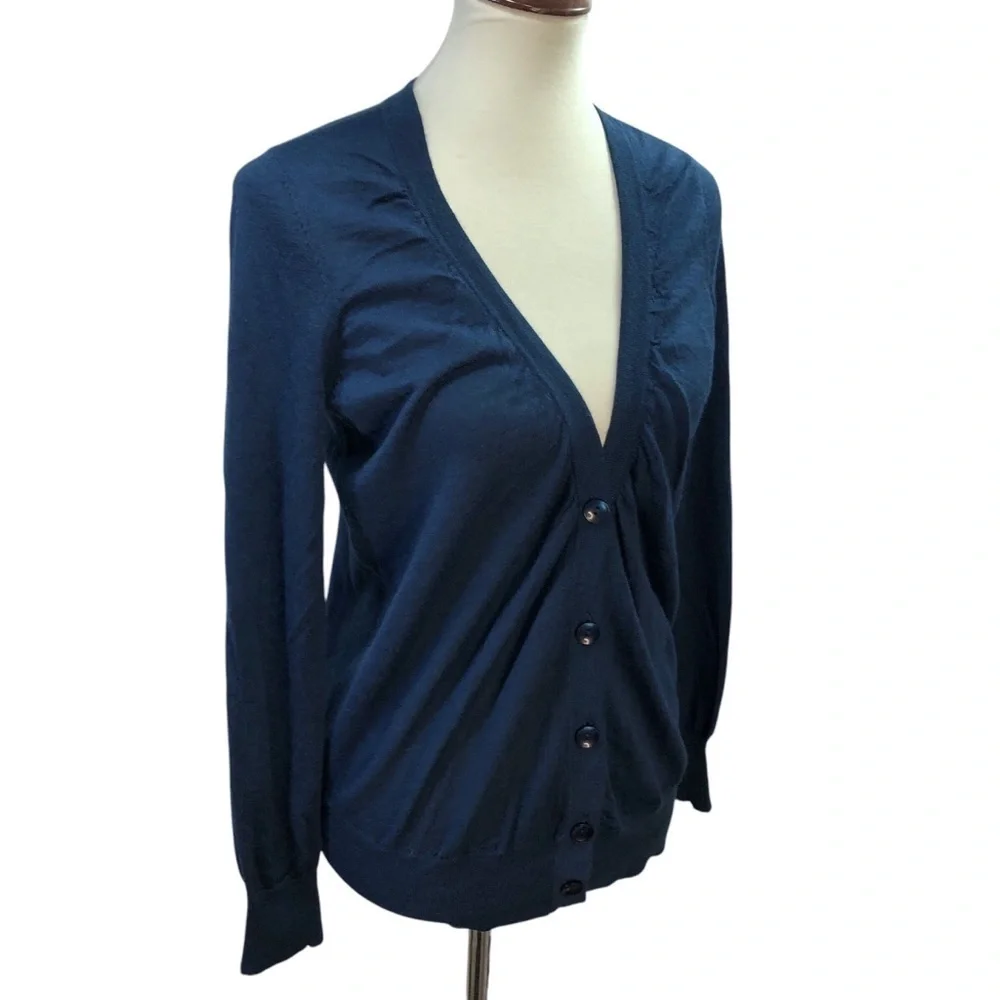 Loft Button Front Blue Cardigan Women's L Wool Blend Ruched Classic Feminine